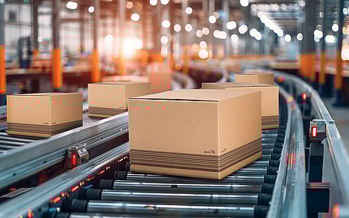 Ein Förderband, auf dem ein Wellpappkarton mit einem aufgedruckten Barcode transportiert wird.